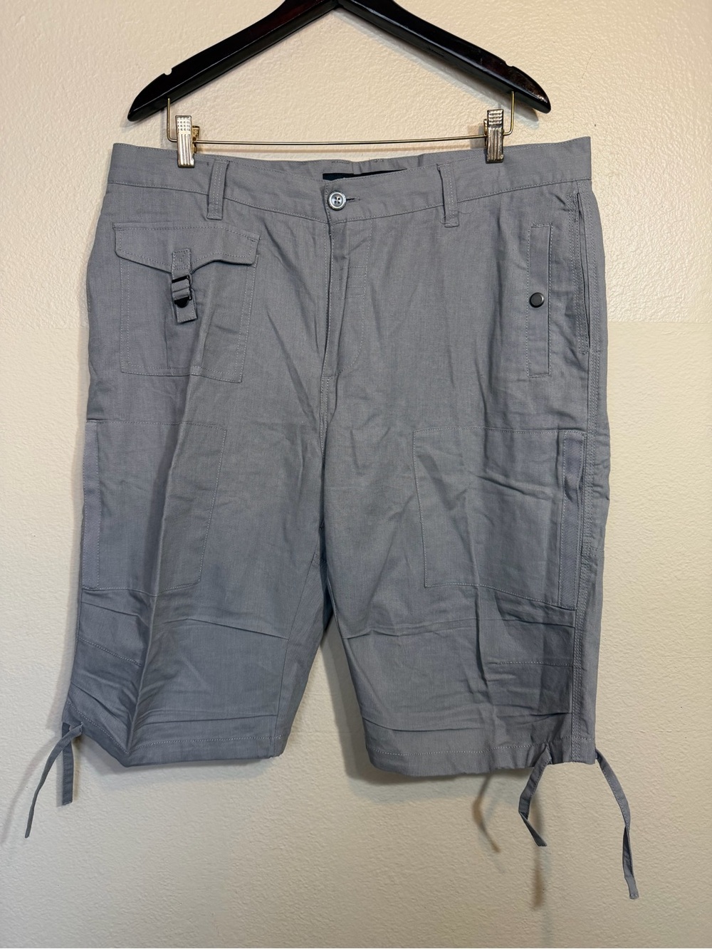 Sean John Linen Cotton Blend Gray Cargo Drawstring Hem Shorts NWOT
